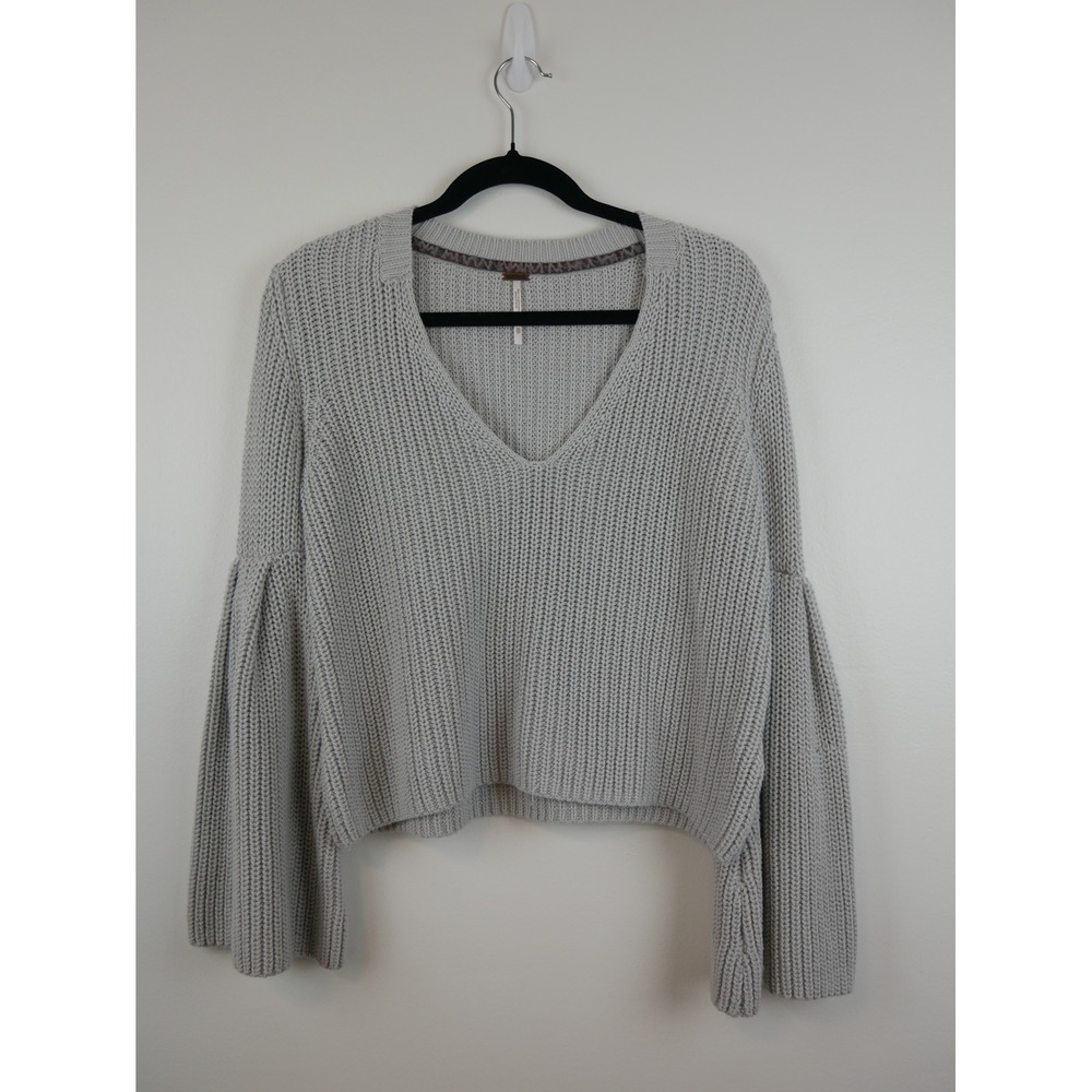 Free People Grey V Neck Chunky Cotton Knit Bell Sleeve Sweater XS